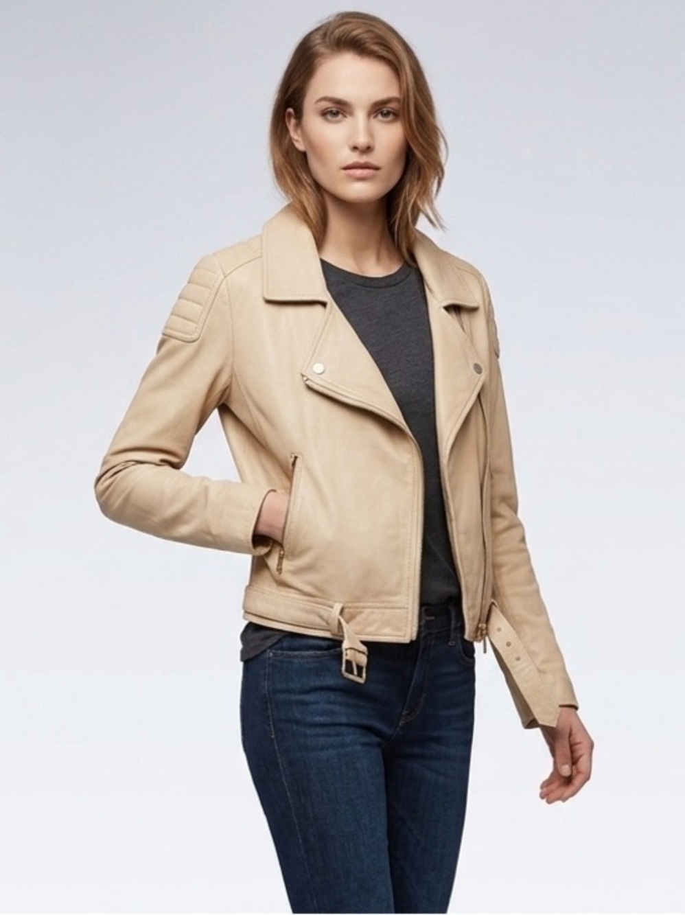 Uterque Cream Sheep Leather Jacket Blue Lining With Gold Hardware Size Small